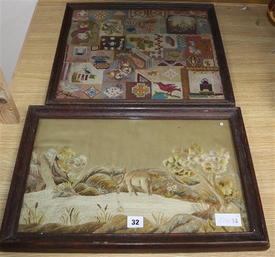 A Victorian needlework panel depicting a stag in a landscape and another